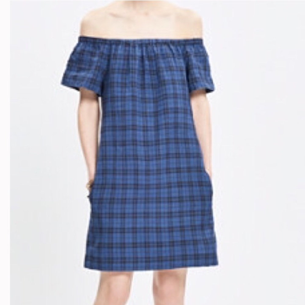 MADEWELL - Plaid Off the Shoulder Dress - blue